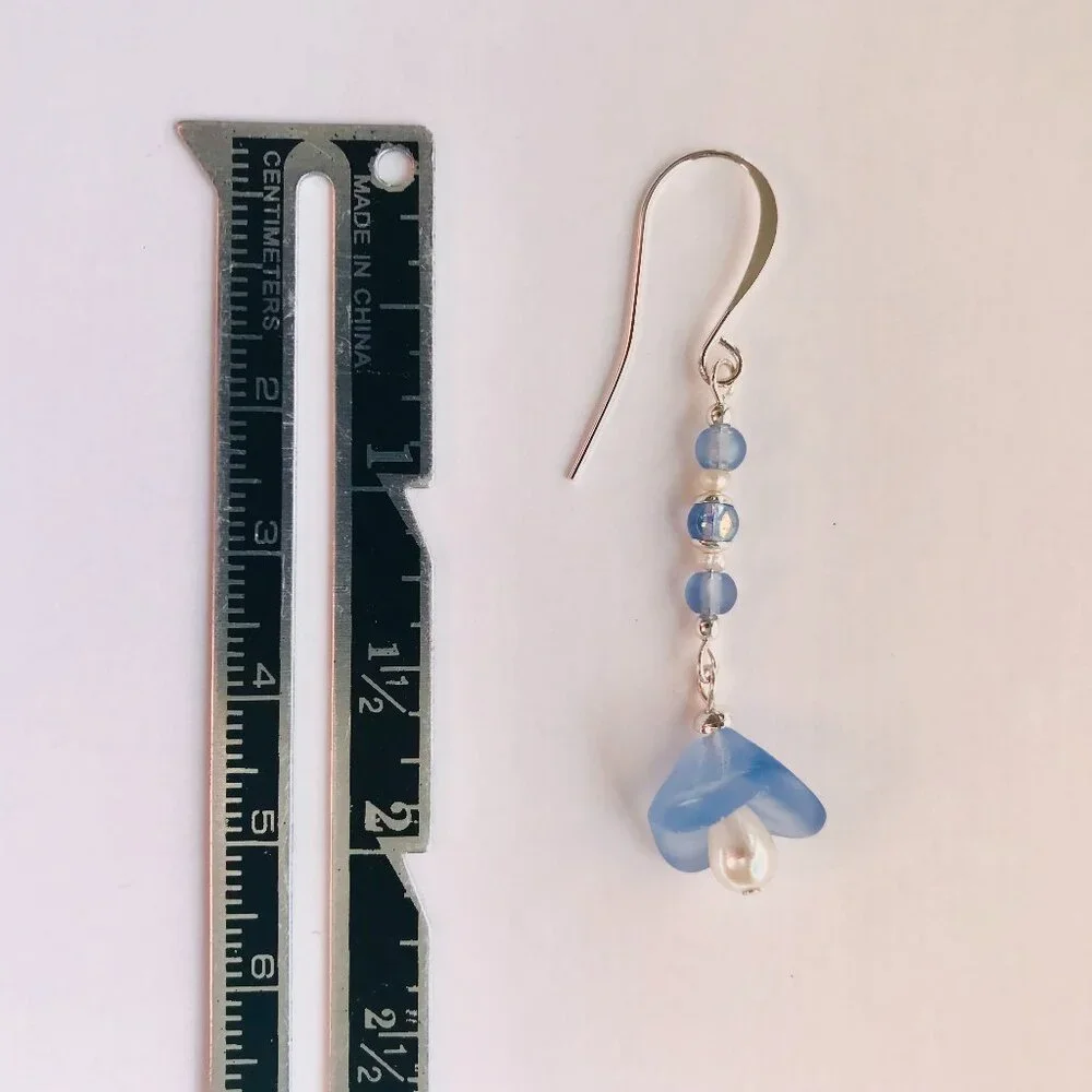Floral  Blue Glass and Pearl Bead Drop Earrings - Picture 2 of 5